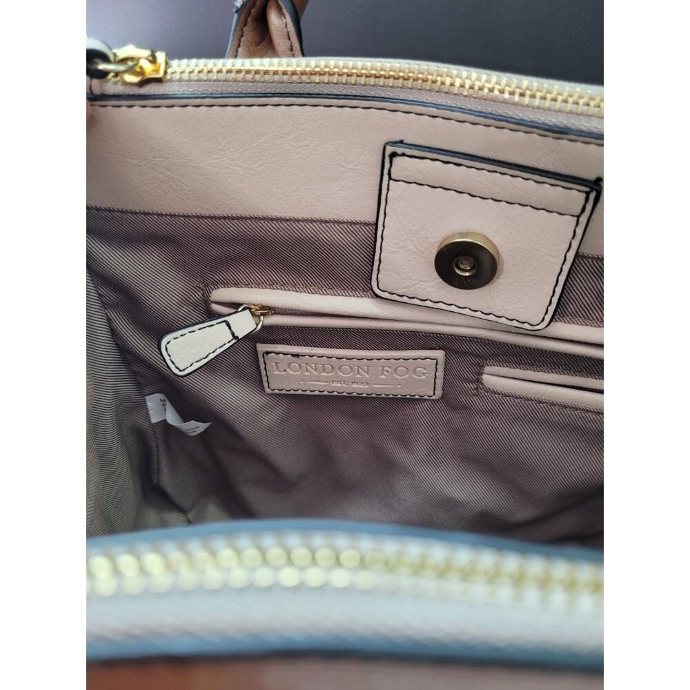London Fog Women's Satchel Bag Medium Cognac and Off White Snap Zippers - Picture 15 of 16